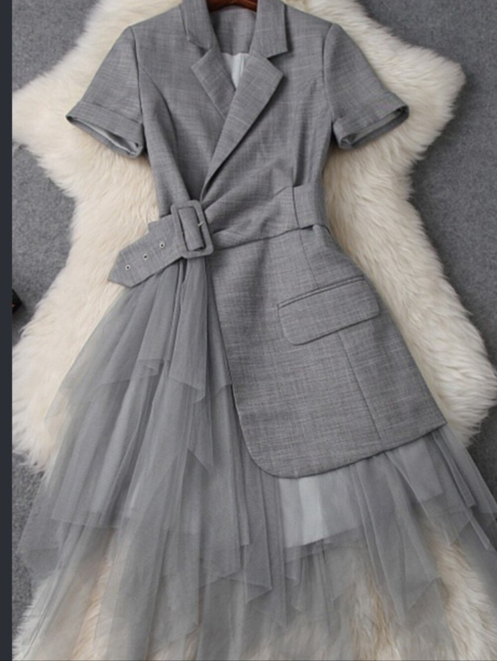 Structured Grey Blazer Tulle Dress with Belt